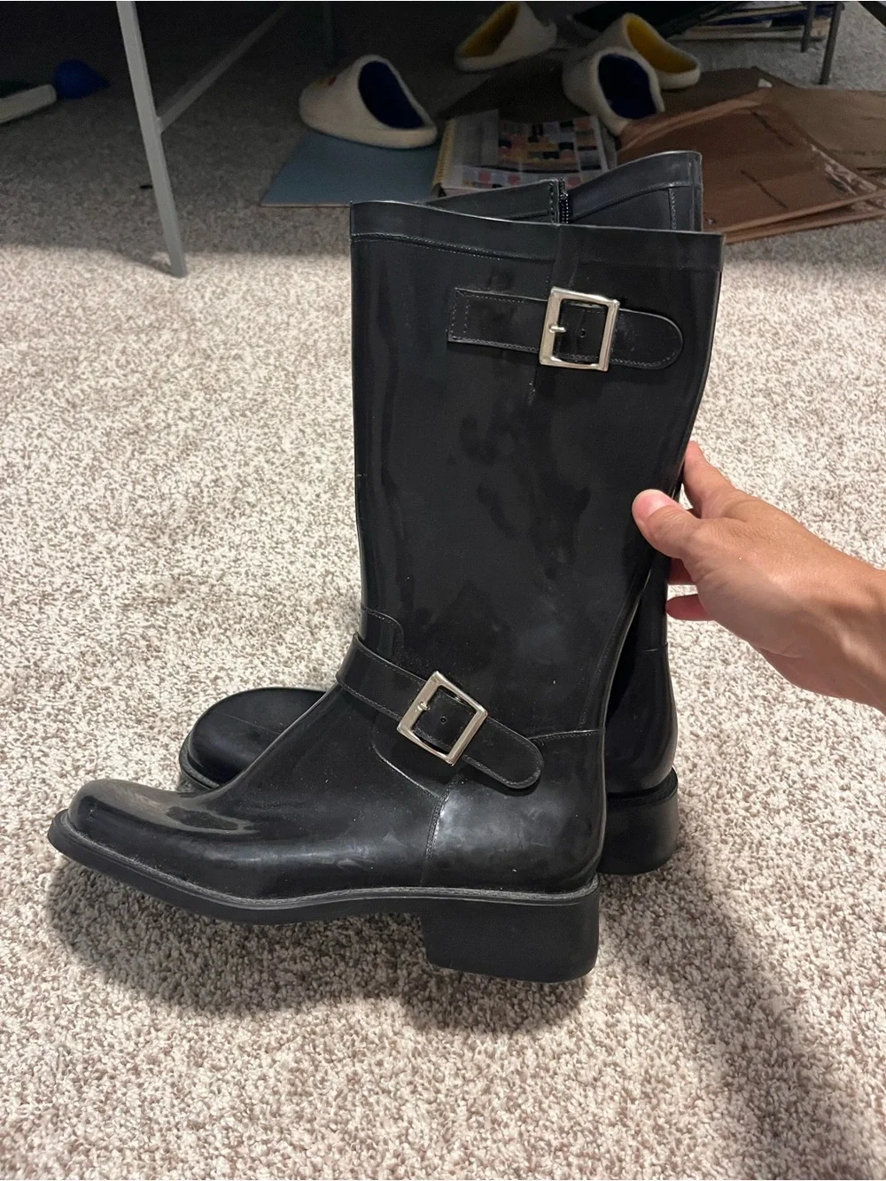Donald J Pliner Black Rubber Knee High Buckle Rain Boots Italy Size 9